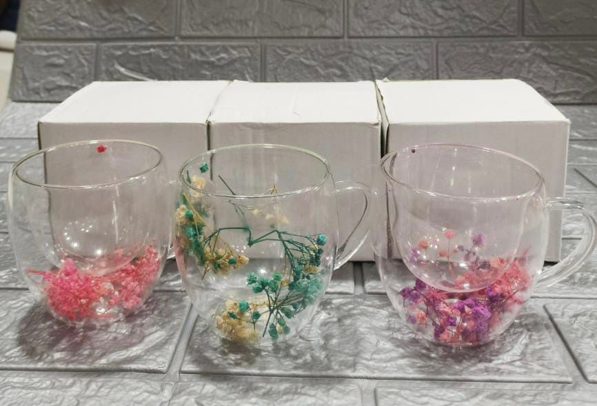 Dry Flowers Double Wall Glass Cup, Transparent Espresso Glass Cup, Double Wall Glass Cup With Handle Dry Flowers Double Wall Glass Cup, Transparent Espresso Glass Cup, Double Wall Glass Cup With Handle